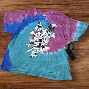 Ed Hardy Blue And Pink Tie Dye Logo Cropped Tee Shirt NWT
